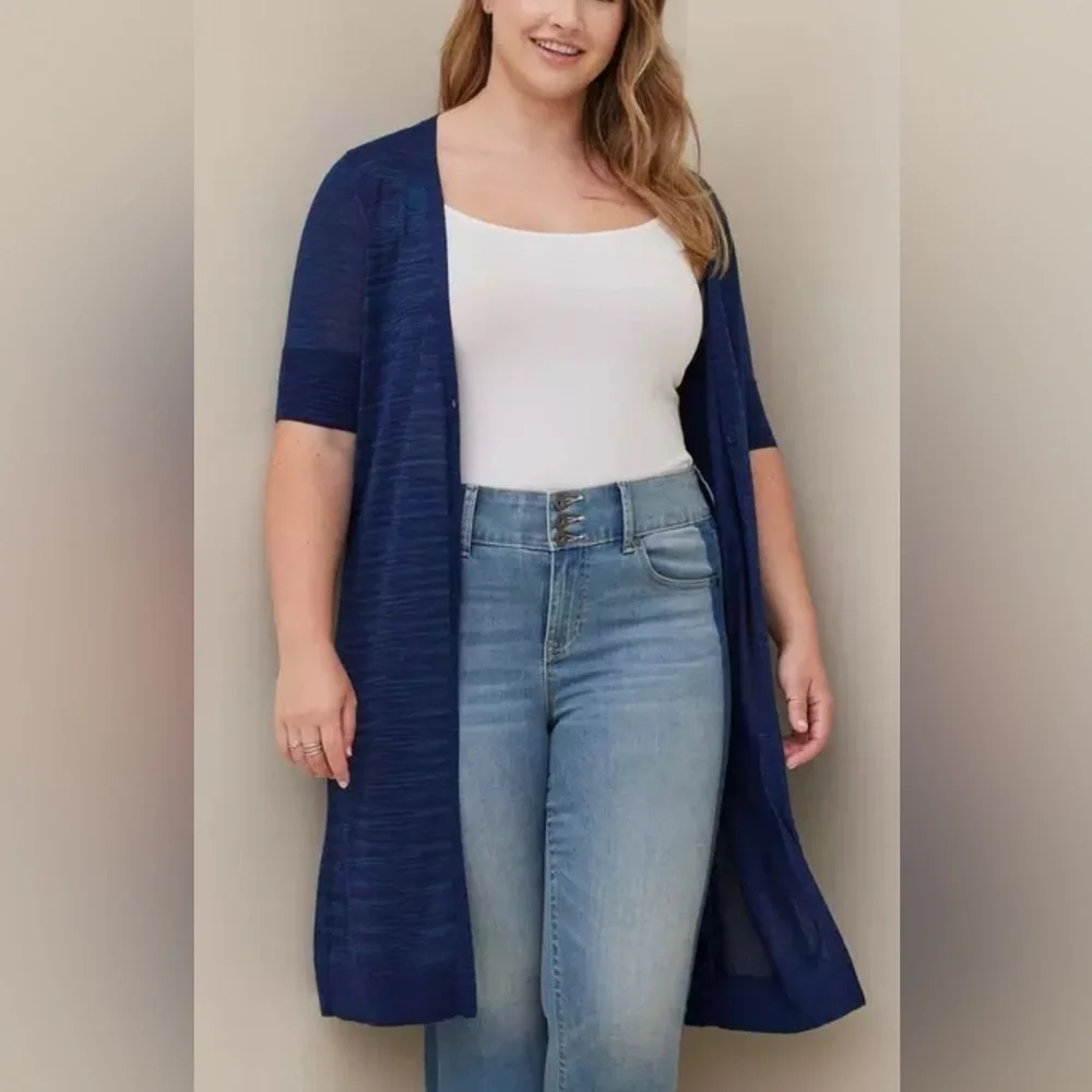 Torrid Space-Dye Duster V-Neck Button-Front Sweater Blue - Picture 5 of 16